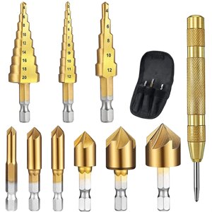 10pcs Step Drill Bit Set 1/4 дюймов Hex Shank 5 Flute Countersink Drill Bit Set with Automatic Center Punch