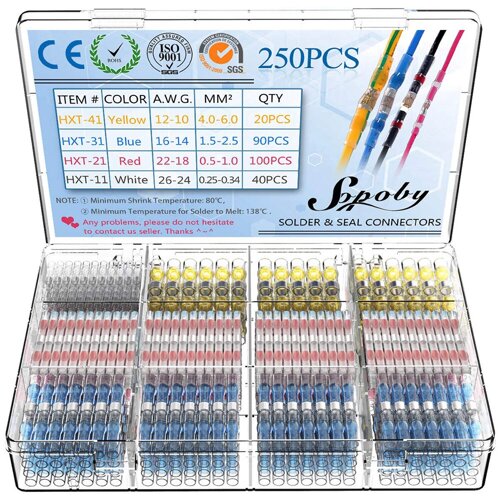 250PCS Solder Seal Wire Connectors Heat Shrink Solder Butt Connectors Terminals Connector Kit Automotive Marine Insulate