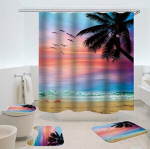Beach Sunset Style Водонепроницаемы Ванная комната Занавеска для душа Коврик для унитаза с нескользящим ковриком для Ван