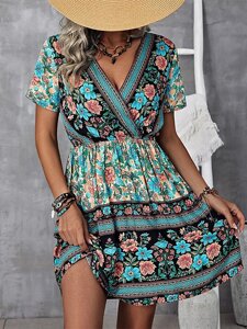 Bohemian Floral Print Wrap V-образный вырез с коротким рукавом Платье