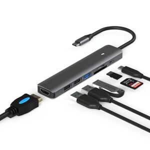 Док-станция LanShuo 7 в 1 Hub Тип-С Адаптер с HDMI + PD + USB3.0 + USB2.0 * 2 + SD + TF для портативных ПК Matebook HUAW