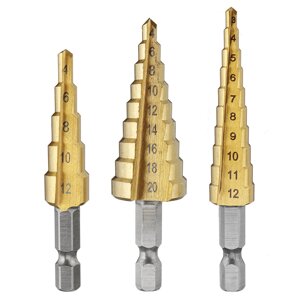 Drillpro 3Pcs 1/4 Inch Hex Shank HSS Титановое покрытие Step Набор сверл 3-12/4-12/4-20mm