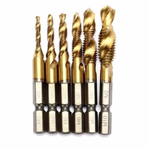 Drillpro 6pcs HSS 6542 M3-M10 Combination Drill Титановое покрытие Tap Bit Set 1/4 Inch Hexagon Metric Deburr Countersin