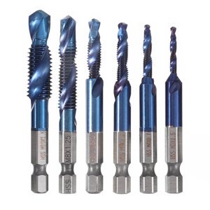 Drillpro 6pcs M3-M10 Combination Drill Tap Bit Set HSS 6542 Синий Nano С покрытием Deburr Countersink Drill Bits