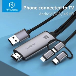 Hagibis 3 в 1 4K HD Micro USB Type-C к кабелю Hdmi Аудио Видео Кабель Телефон к ТВ / Проектор Адаптер для HUAWEI для Mac