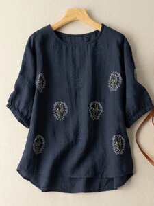 Leisure Embroidered Ruched Round Шея Хлопковая блуза с короткими рукавами