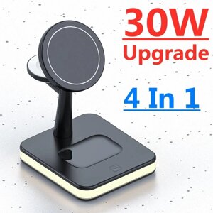 Магнитное беспроводное зарядное устройство 30 Вт 4 в 1 Лампа для iPhone 12 13 14 Pro Max Mini Apple Watch Док-станция дл
