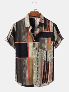 Mens Ethnic Gauze Щетка Print Кнопки Up Рубашки с коротким рукавом