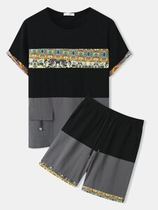Мужская этническая одежда Шаблон с вышивкой и карманом на шнурке из хлопка из двух частей