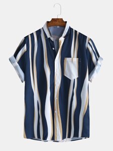 Мужская мода простой цвет Striola нагрудный карман с коротким рукавом повседневные рубашки