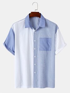 Мужские комбинированные свободные рубашки с коротким рукавом в полоску в стиле пэчворк