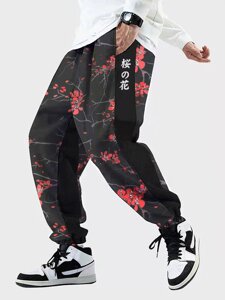 Мужские спортивные штаны с принтом в виде цветков японской вишни и полосками по бокам