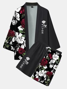 Мужское кимоно с принтом японской розы, свободное переднее кимоно, свободная одежда из двух предметов