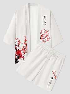 Мужское кимоно с рукавами сливы и японским принтом 3/4, комплект из двух предметов одежды