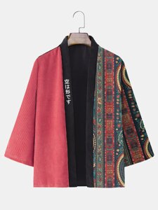 Мужское свободное кимоно с японской вышивкой в стиле пэчворк из вельвета