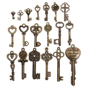 Набор из 19 предметов под старину Винтаж Старинный набор ключей от скелета Лот Кулон Сердце Лук Замок Драгоценный камень