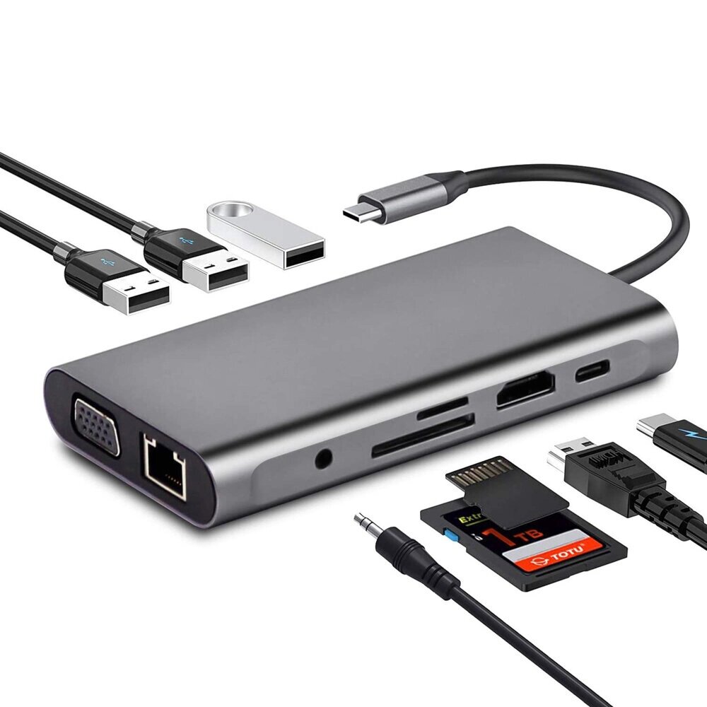 Бейки 10 In 1 Triple Дисплей USB Type-C Адаптер док-станции-концентратора с 4K HD Дисплей / 1080P VGA / RJ45 Сетевой пор - розница