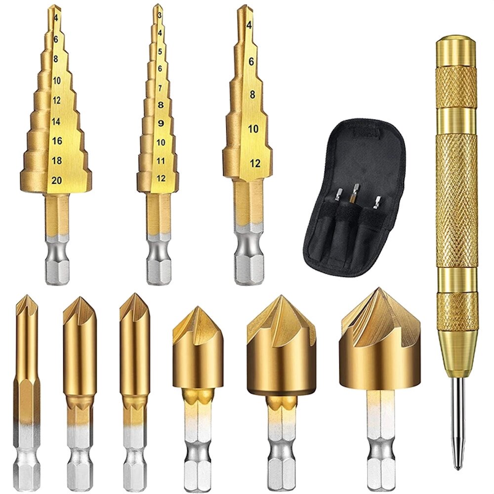 10pcs Step Drill Bit Set 1/4 дюймов Hex Shank 5 Flute Countersink Drill Bit Set with Automatic Center Punch - опт