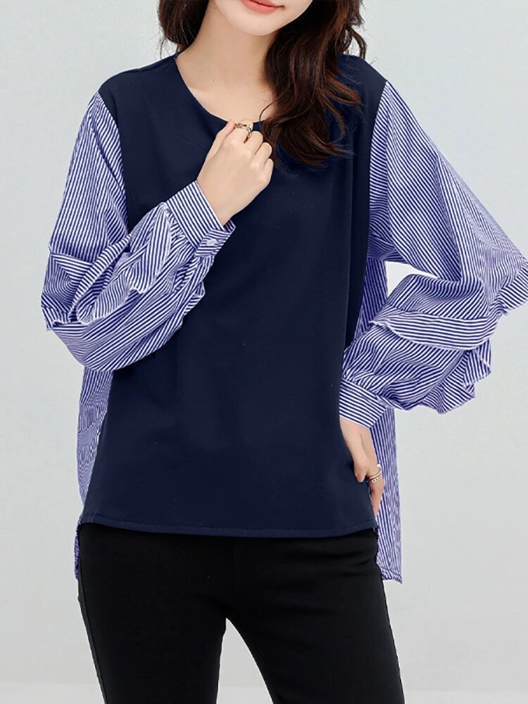 Stripe Patchwork High-low Long Sleeve Crew Шея Блузка - гарантия