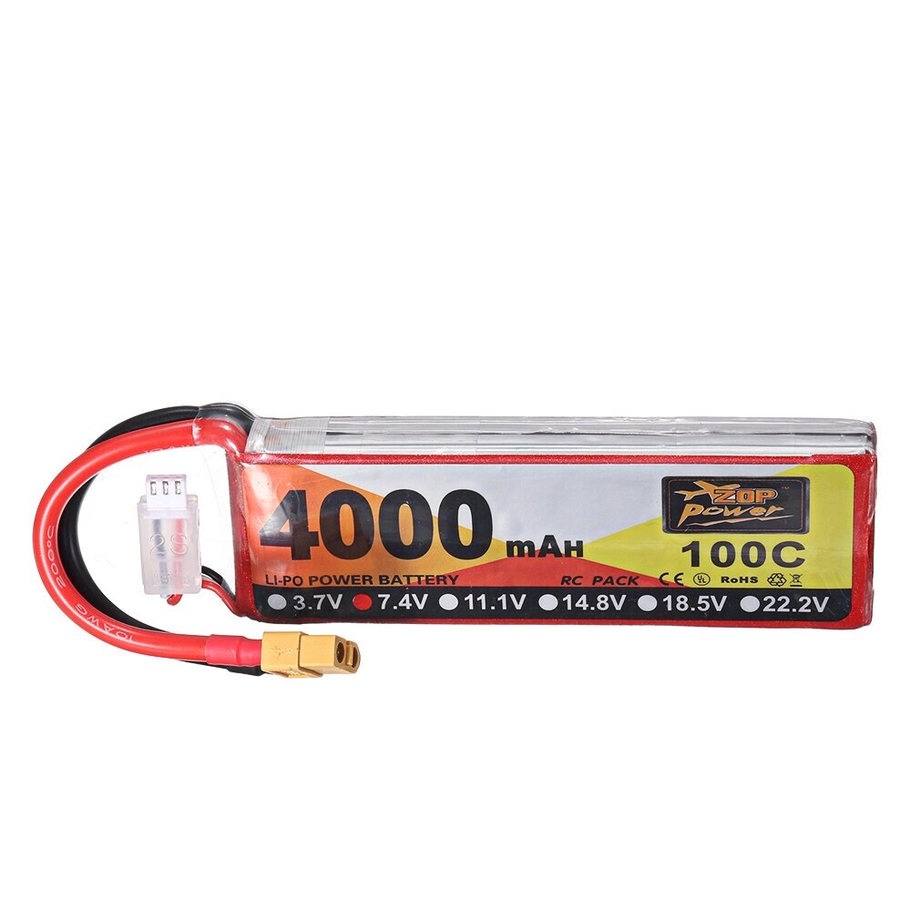 ZOP Power 7.4V 4000mAh 100C 2S Lipo Батарея XT60 Разъем для RC Racing Дрон - описание