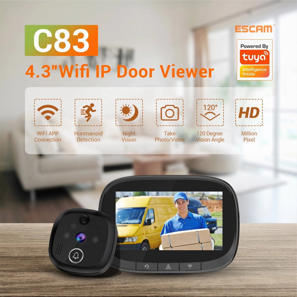 ESCAM C83 Беспроводной дверной звонок 4.3inch WIFI IP Door Viewer HD Ночное видение 120° может снимать фото и видео PIR - гарантия