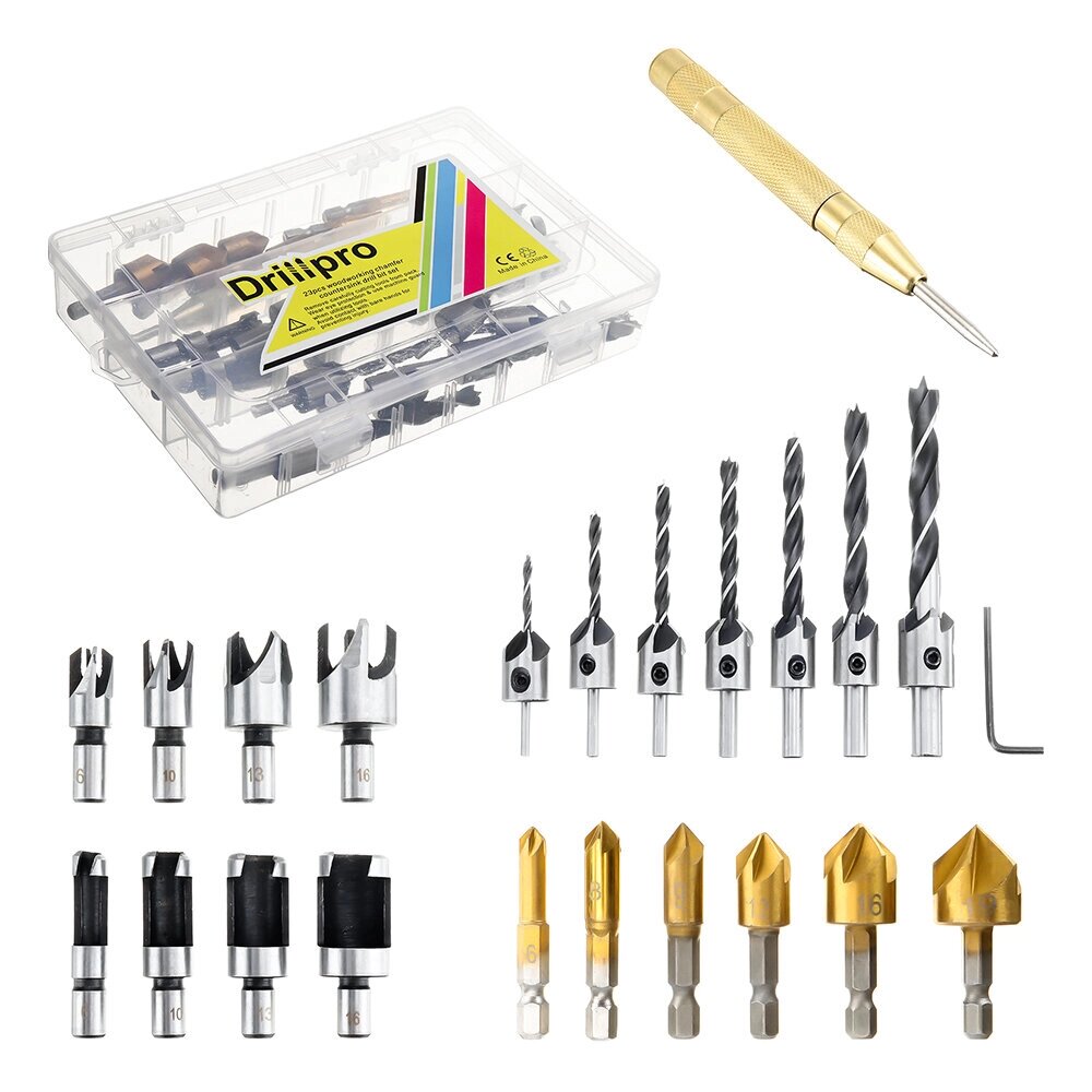 Drillpro 23pcs Woodworking Chamfering Countersunk Drill Bit Set 5 Flute Chamfering Drill Wood Plug Cutter Automatic Цент - преимущества