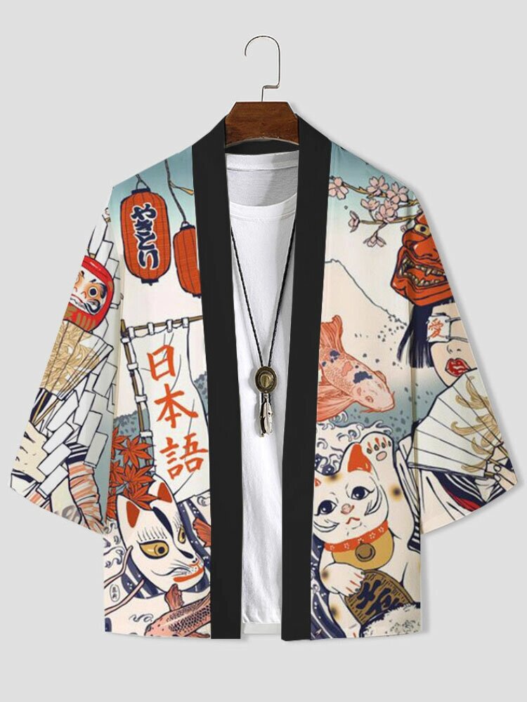 Мужская японская фигура Ukiyoe Print Loose 3/4 Sleeve Kimono - акции