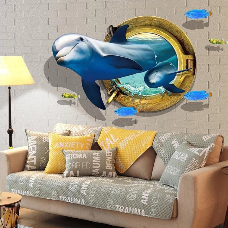 Miico Creative 3D Dolphin Window Морские рыбы ПВХ Съемная домашняя комната Декоративная настенная декорация наклейки - Узбекистан