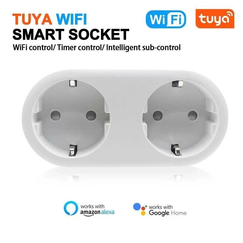 2 в 1 Tuya WIFI Smart Разъем Двойная розетка EU Plug Голосовое управление Wireless Smart Разъем APP Дистанционное Управл - акции