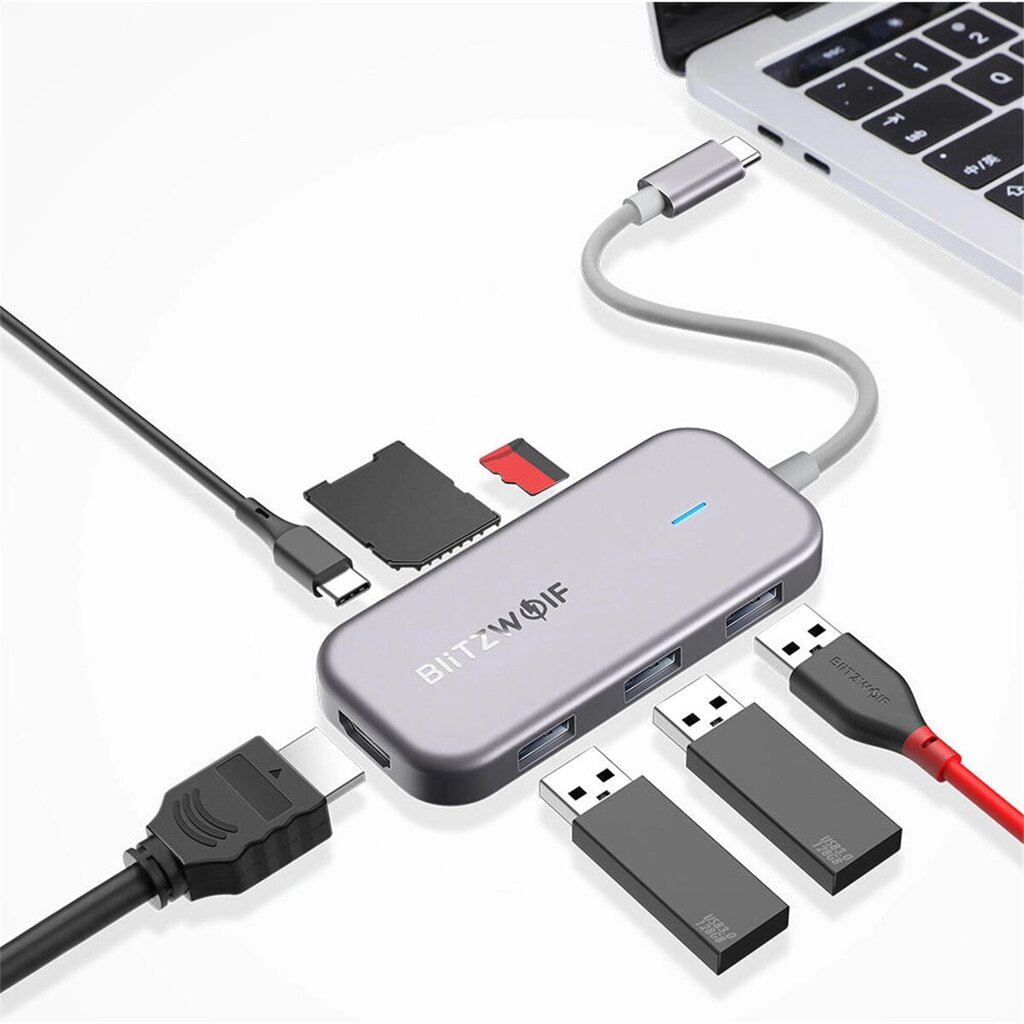 Blitz. Wolf BW-TH5 Концентратор данных 7-в-1 USB-C с 3 портами USB 3.0 Устройство чтения карт TF Зарядка USB-C PD 4K Дисп - выбрать