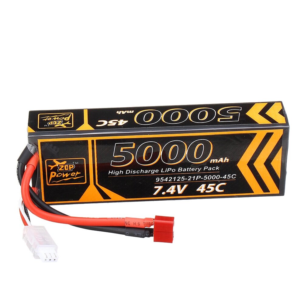 ZOP Power 7.4V 5000mAh 45C 2S Lipo Батарея T Plug для 1/10 RC Racing Авто - доставка