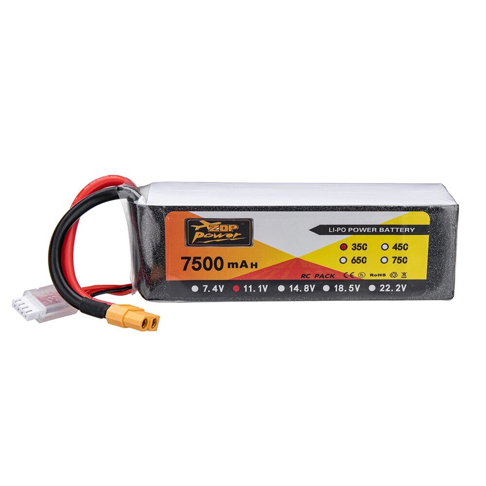 ZOP power 11.1V 7500mah 35C 3S lipo батарея разъем XT60 для RC дрон - наличие