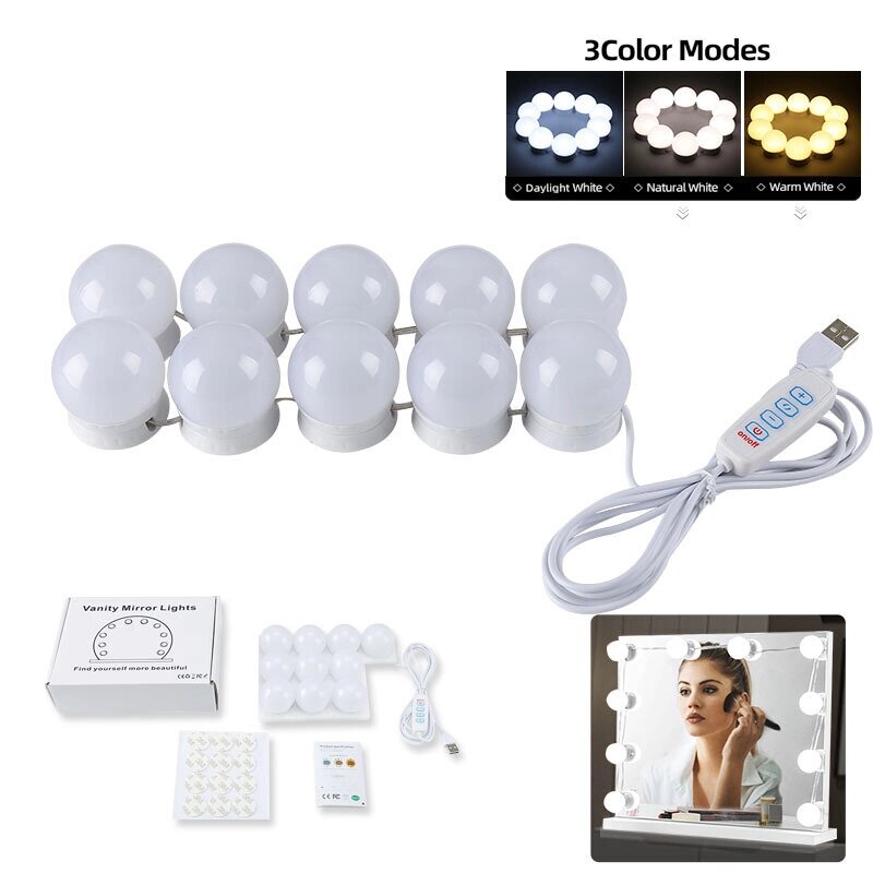 LED Mirror Light 3 Color Temperature Dimmable Makeup Mirror Fill Light Dressing Table Bulb Set - доставка