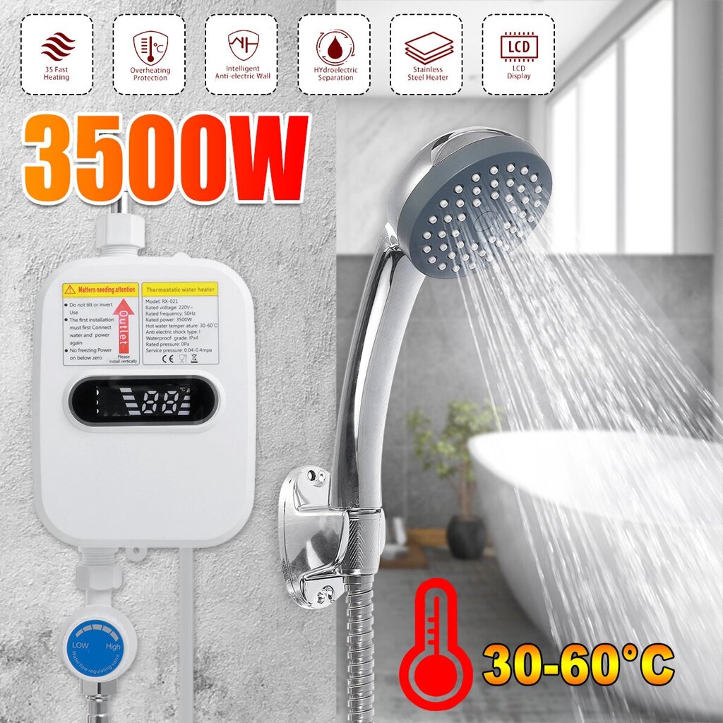 3500W 220V Mini Water Heater Hot Electric Tankless Household Bathroom Faucet with Shower Head LCD Temperature Display - гарантия