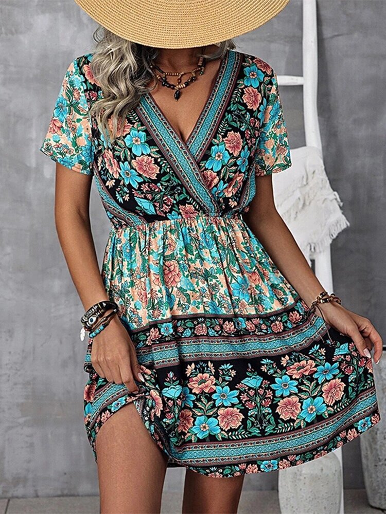 Bohemian Floral Print Wrap V-образный вырез с коротким рукавом Платье - отзывы