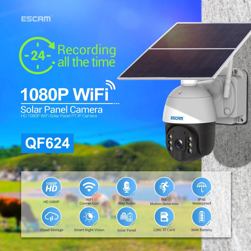 ESCAM QF624 HD 1080P WiFi Солнечная Panel PT IP камера Облачное хранилище Батарея Солнечная Мониторинг панорамирования/н - наличие