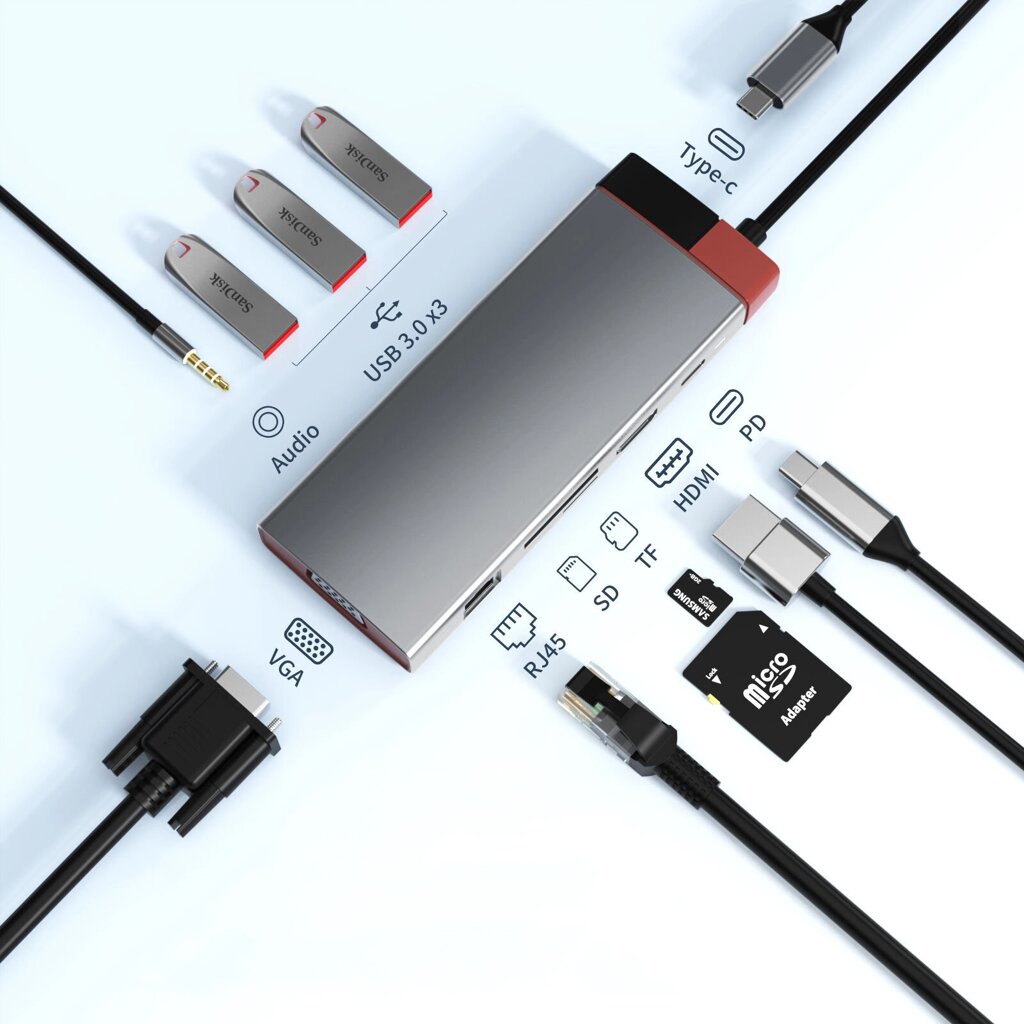 Basix 10 в 1 USB-концентратор Type-C Док-станция для PD 100 Вт USB3.0 * 3 SD TF RJ45 1000 м VGA 3,5 мм аудио для Macbook - описание