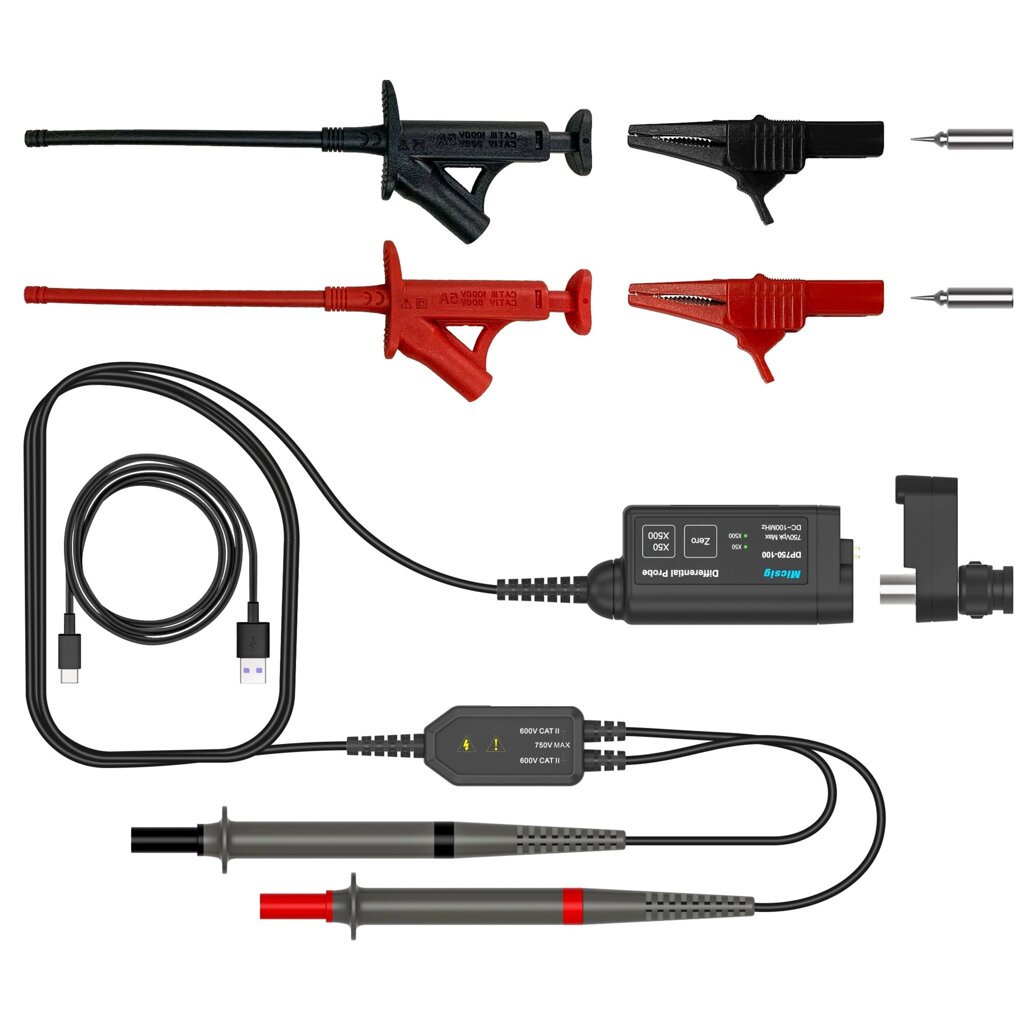 Micsig Oscilloscope 1000V 100MHz High Voltage Differential Probe DP750-100 Kit 3.5ns Rise Time 50X / 500X Attenuation Ra - описание