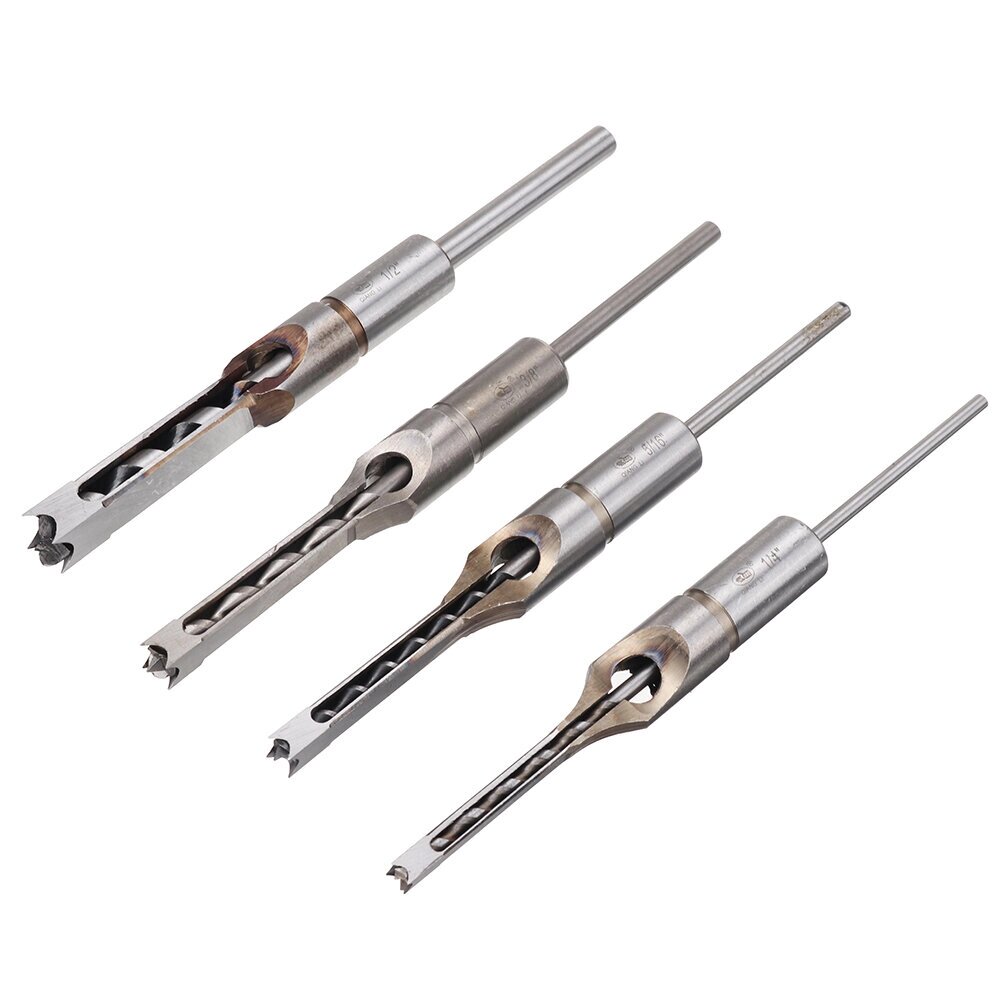 Drillpro 4pcs Square Hole Drill Bits Woodworking Auger Mortising Chisel Set Kit 1/4 to 1/2 Inch Tool Set - распродажа