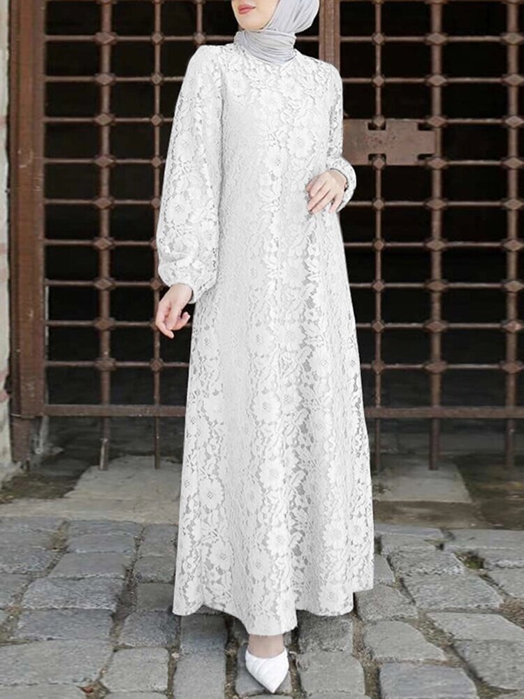 Женщины 100% хлопок Abaya Kaftan Lace Patchwork Casual Свадебное Midi Платье - скидка