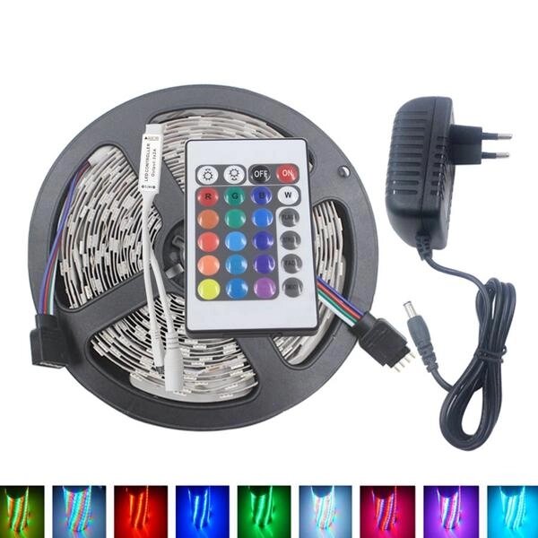 5M 3528 24W RGB 300 не водонепроницаемый LED Гибкая полоска света 24 ключа IR Дистанционный + адаптер питания DC12V - фото