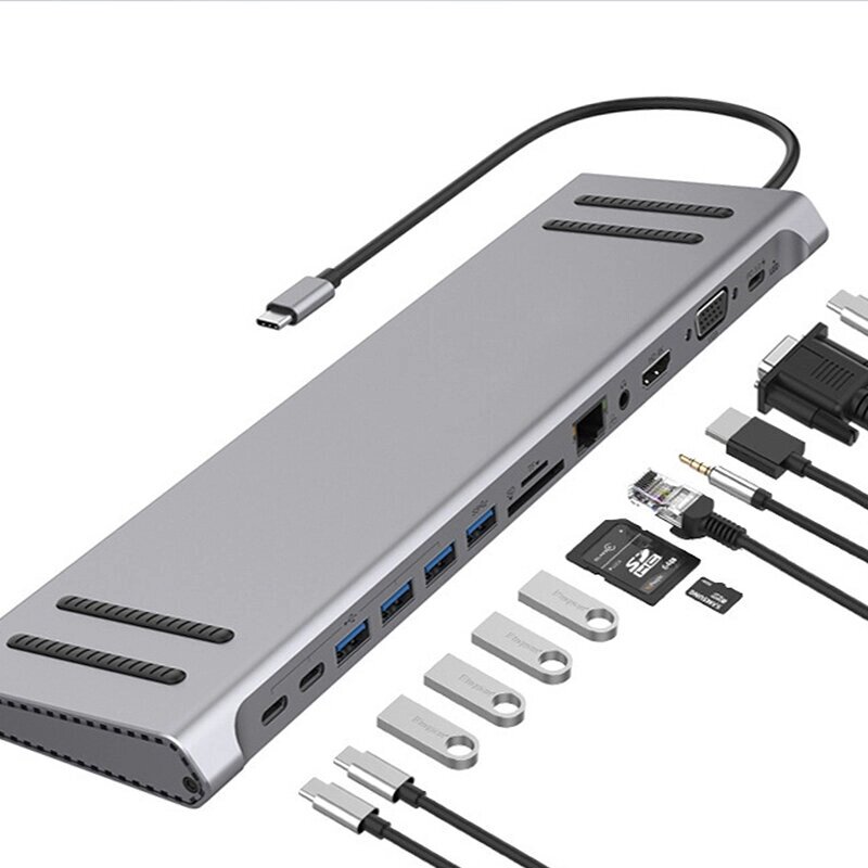 13 в 1 Док-станция Тип-c Адаптер-разветвитель концентратора USB-c с USB2.0*3 USB3.0 Тип-c*3 HDMI RJ45 Слот для устройств - наличие