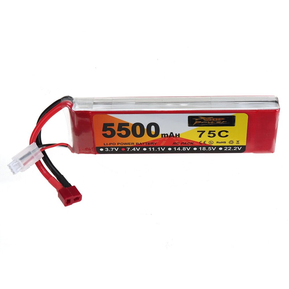 ZOP Power 7.4V 5500mAh 75C 2S LiPo Батарея T Deans Plug для RC Авто - особенности