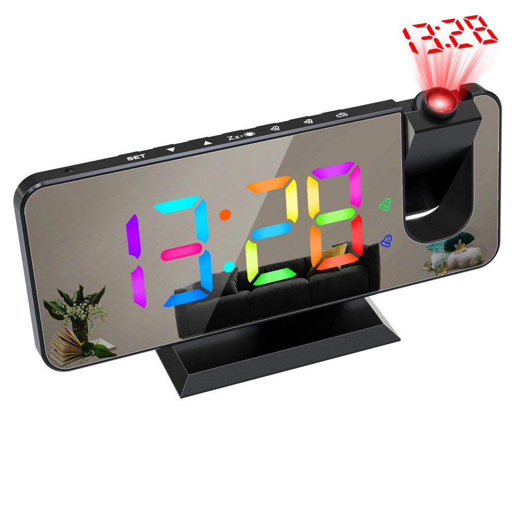 LED Mirror Alarm Часы RGB Colorful Дисплей Двойная настройка будильника Автояркость Режим повтора Вращение проекции на 1 - описание