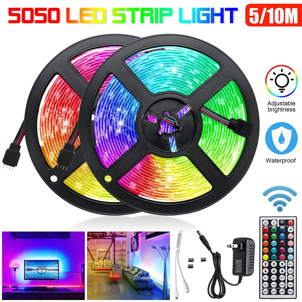 5M / 2X5M RGB Водонепроницаемы 5050 LED Strip Light + 44 Key Дистанционный + US Адаптер питания DC12V для ТВ Домашний га - обзор