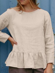 Solid Ruffle Hem Long Sleeve Crew Шея Блузка