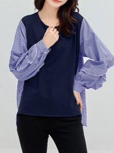 Stripe Patchwork High-low Long Sleeve Crew Шея Блузка