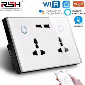 SW004 Tuya 2-портовый Wi-Fi настенный Разъем Панель из закаленного стекла с 2 USB + 2 розетками Универсальный настенный