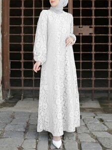 Женщины 100% хлопок Abaya Kaftan Lace Patchwork Casual Свадебное Midi Платье