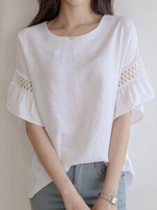 Женская блузка Hollow Stitch Ruffle Sleeve Crew Шея